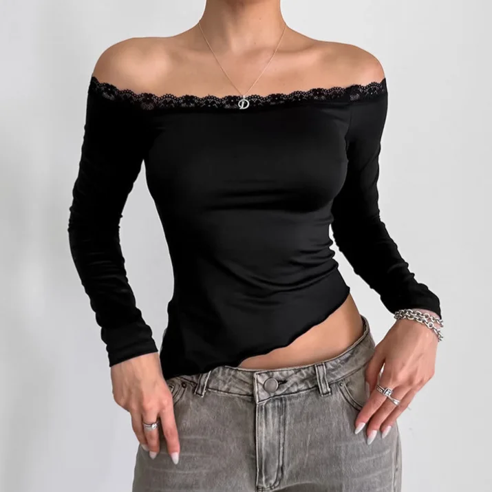 

Sexy Off-shoulder Autumn Women's T-Shirt Black Lace Slash Neck Waist-cinching Slim Fit Lady Tees Instagram-Style Tops For Female