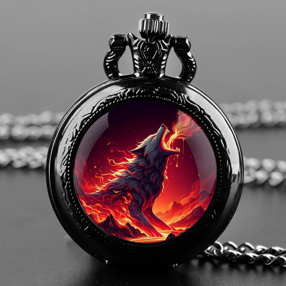 Prachtige Fireburst Wolf Glazen Koepel Quartz Zakhorloge Arabisch Cijfer Ketting Hanger Geschenken Voor Vrouwen Man Met Ketting