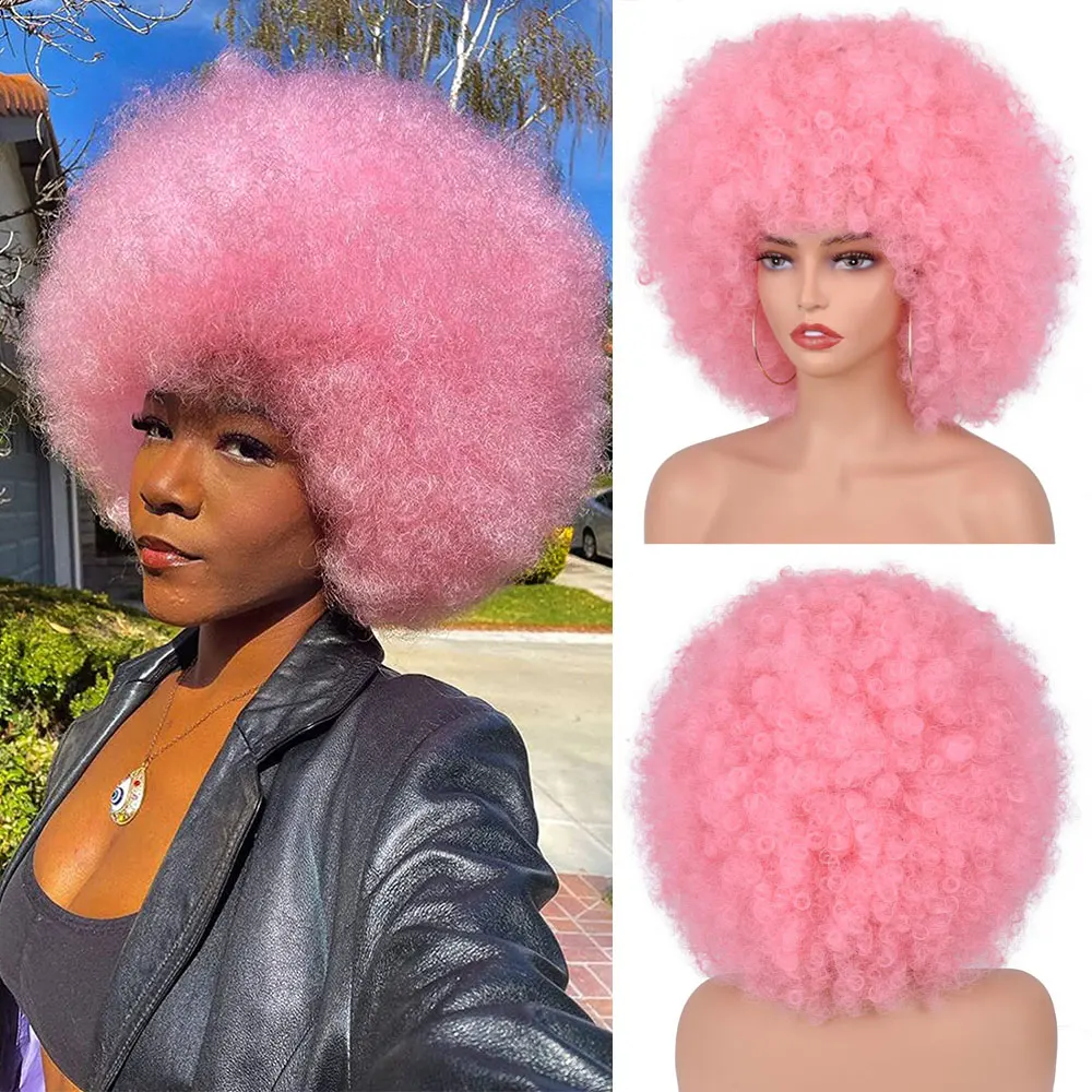 Short Hair Afro Curly Wigs With Bangs For Black Women African Blonde Synthetic Wig Ombre Cosplay 70s Bouncy Fluffy Wigs