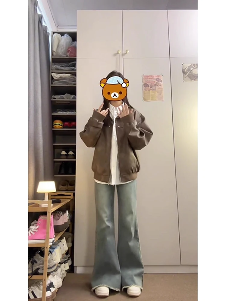 Cé Brown Leather Jaet Men's Women's Autumn Baseball Sle Flight Jaet Vintage American Couple oulder Length Outerwear