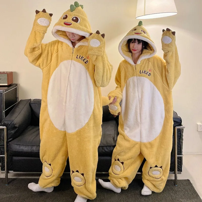 

Lovely Cartoon Dragon Pajamas Jumpsuits Couple Women Men Adult Coral Fleece Sleepwear Leisure Warm Cozy Winter Robe Home Clothes