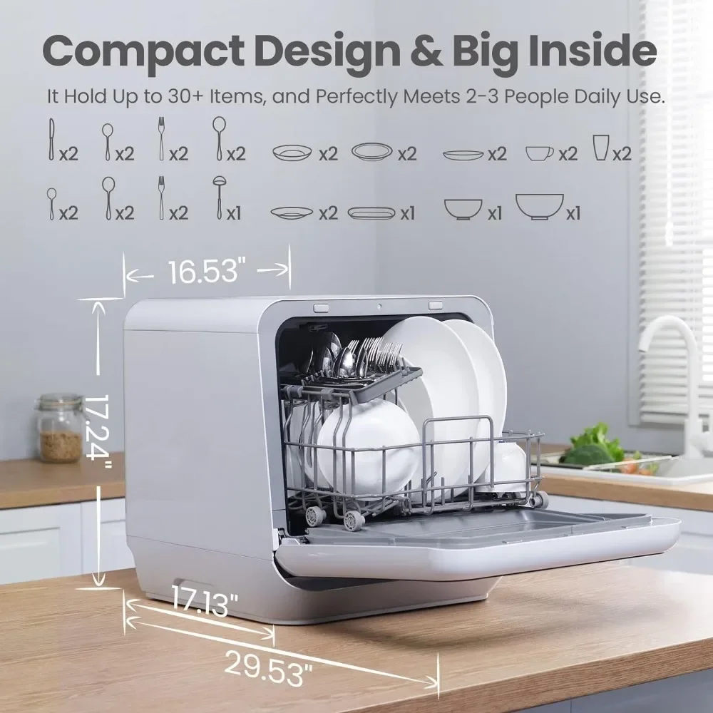 كونترتوب غسالة أطباق صغيرة محمولة من COMFEE مع خزان مياه مدمج سعة 5 لتر للشقق والمركبات الترفيهية، لا حاجة إلى ربط، 6 برامج