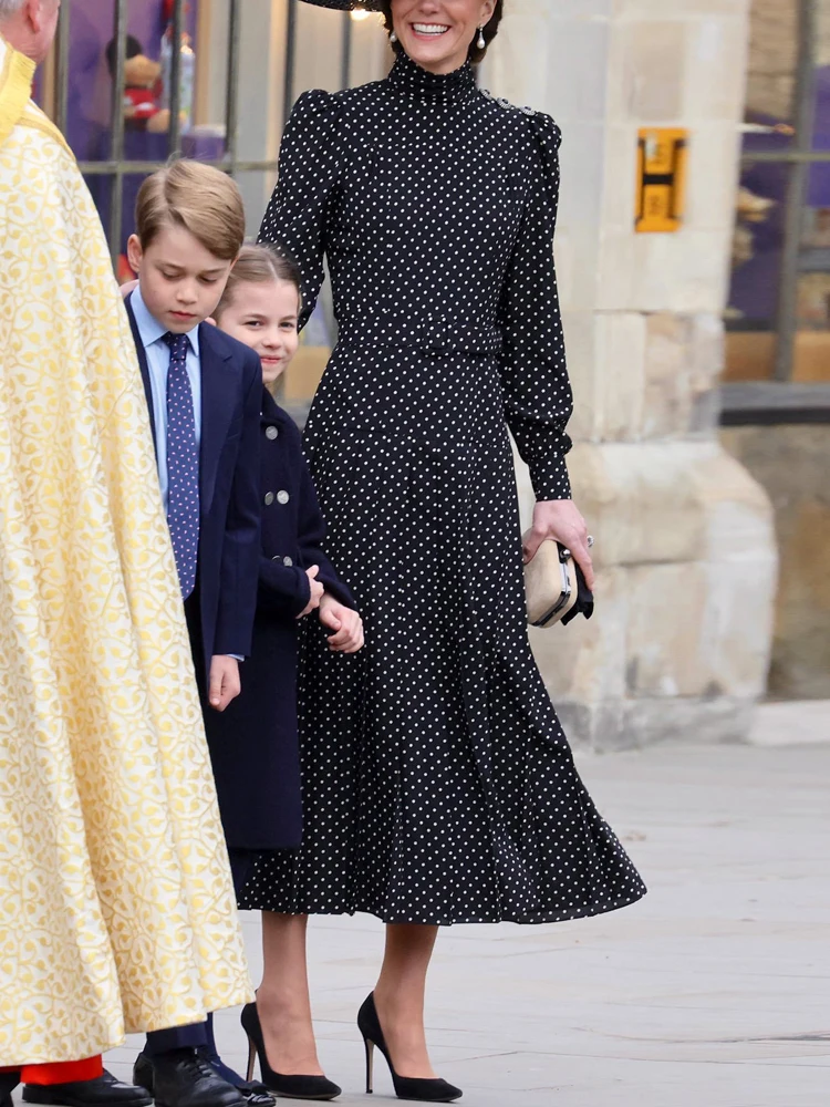 Princess Kate Middleton New Women High Quality Spring Autumn Fashion Elegant Vintage Dot Print Office Casual Party Midi Dress