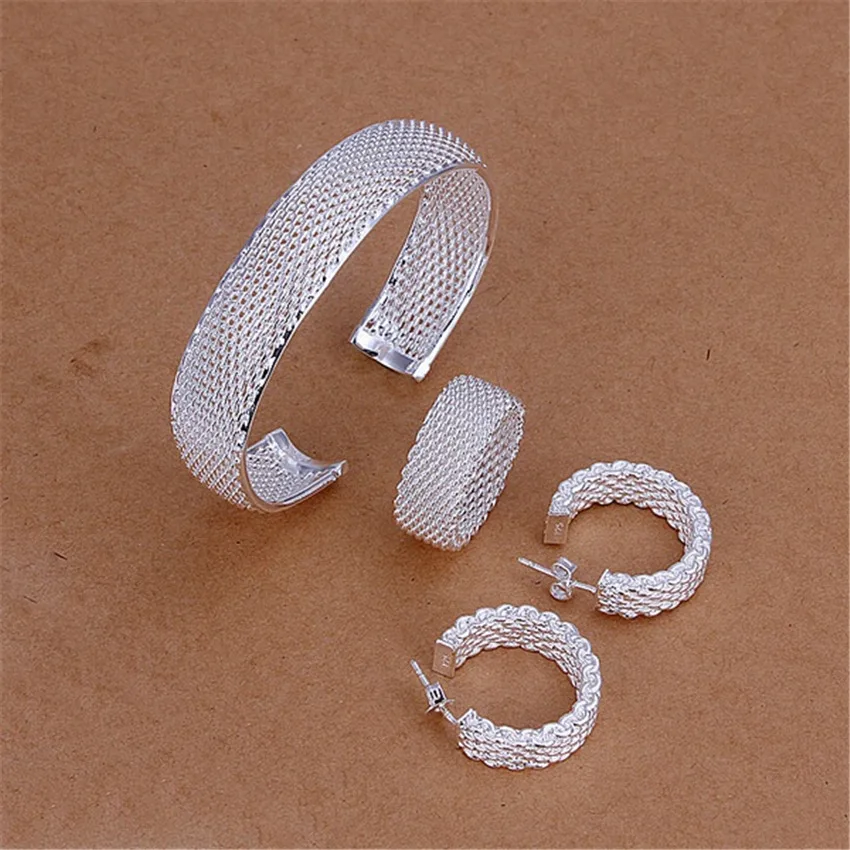 

925 Pure Silver Ladies Exquisite Mesh Ring Weaving Earstuds with Edge Bracelet Three Pieces Jewelry Wedding Festival Set Gift