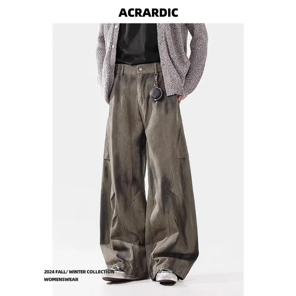 Pantalones de mezclilla para hombre 2026 Primavera Otoño Tie Dye Desgastados con efecto sucio Plisados Pintados con spray Sueltos de cintura alta Pierna ancha Largos hasta el suelo