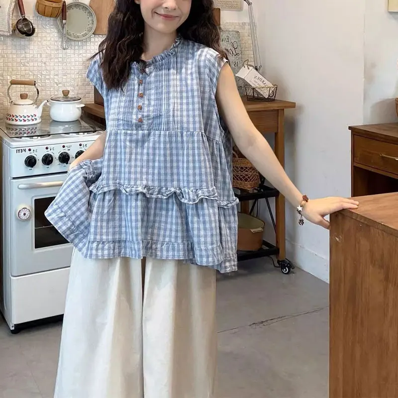 Fashionable Plaid Temperament Blouse Women's Clothing Loose Casual Versatile Summer Korean Round Neck Chic Folds Spliced Shirts