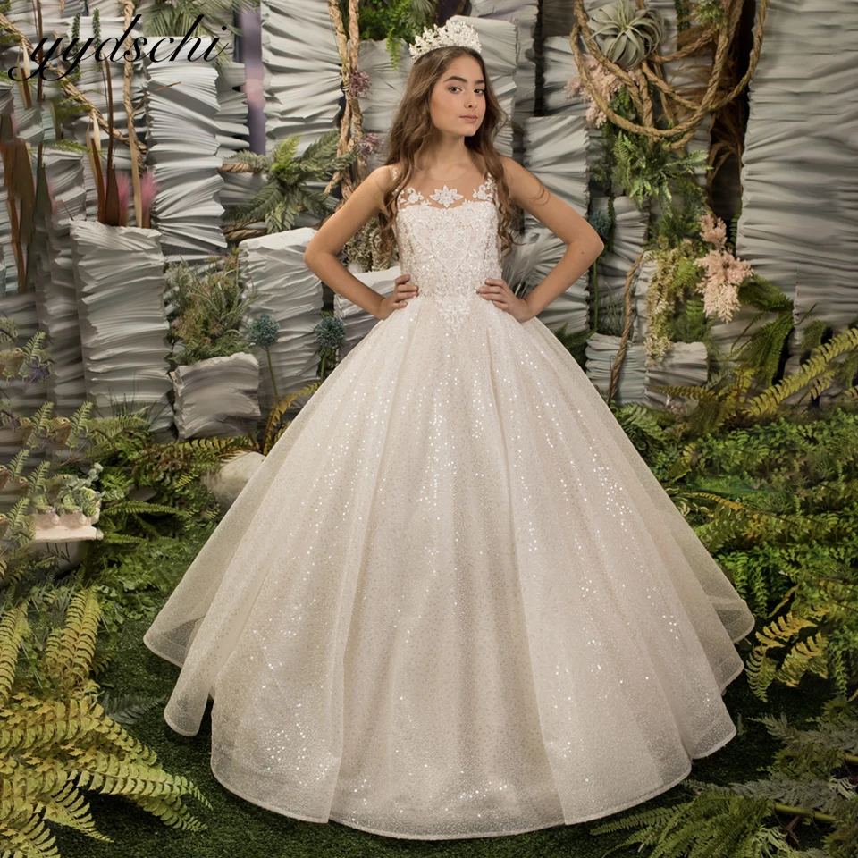 Vestido de baile sem lantejoulas feminino, princesa, casamento de dama de honra, vestido de primeira comunhão, luxo marfim faísca, 2023