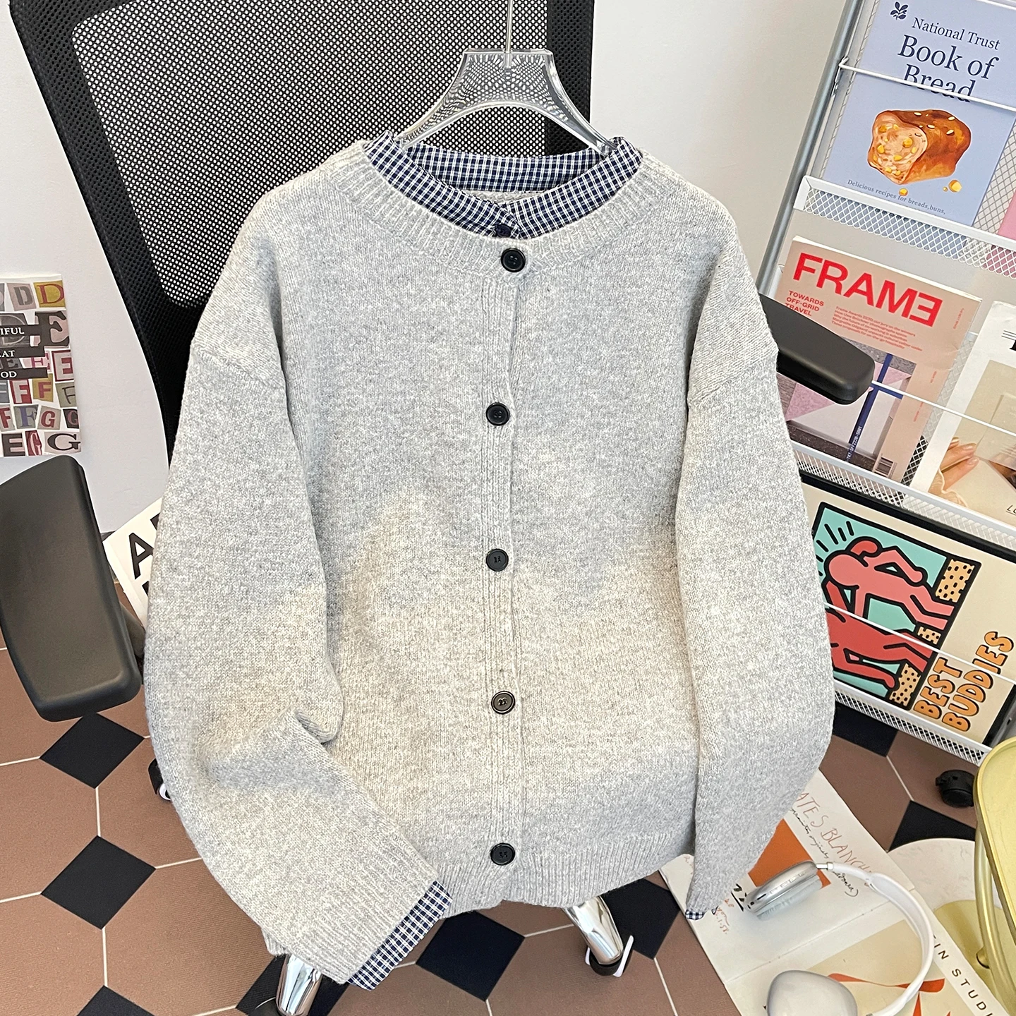 

Вязаный кардиган-жакет в бейсбольном стиле для мужчин, ретро-свитер в корейском стиле для пар, весенний повседневный свитер с длинными рукавами