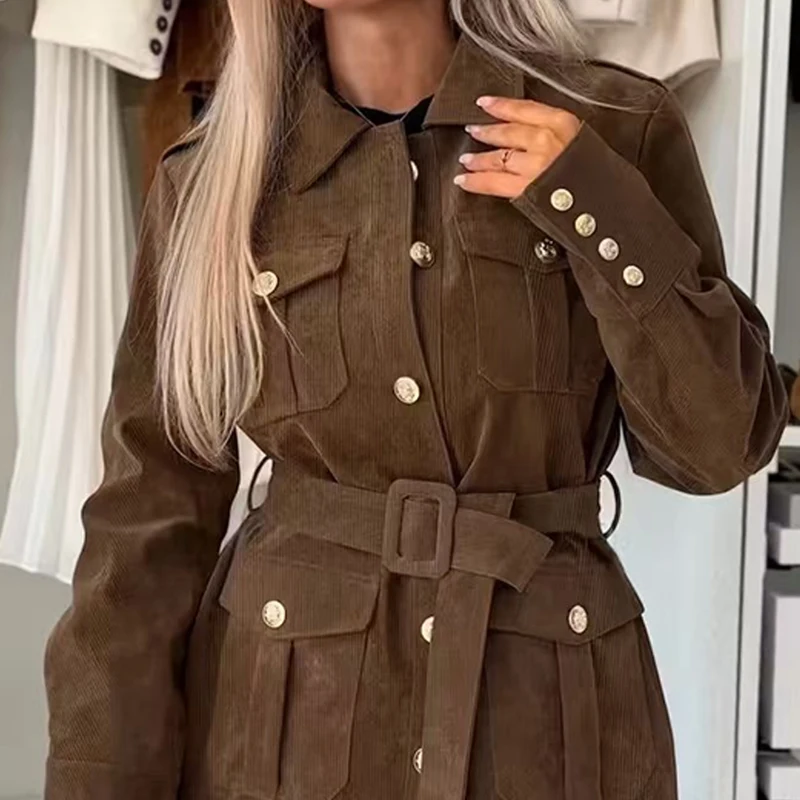 

Women Elegant Lapel Matching Belt Coats Fashion Single breasted Solid Trench Jackets 2026 Casual Long Sleeves Pocket Midi Trench