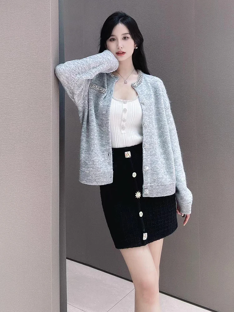 Hochwertiger, gestrickter, mit Diamanten bestickter, offener Cardigan für Damen, Herbst-Design-Sensation, handgefertigte Luxus-Faion-Oberbekleidung