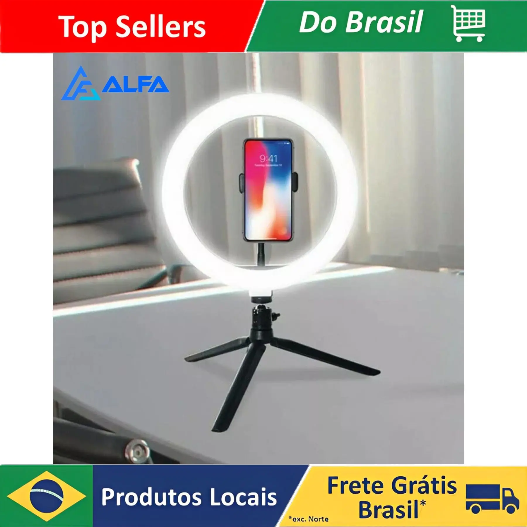 Led Ring Light para Selfie, Professional, Iluminador, 20 cm, 8 posições