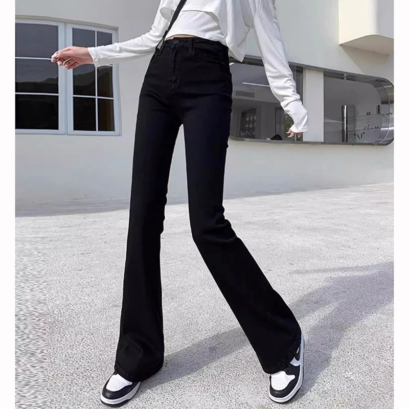 2025 High Street Women Solid Flared Jeans Girls Korean Casual High Waist Denim Trousers Women Classic Daily Straight Leg Pants