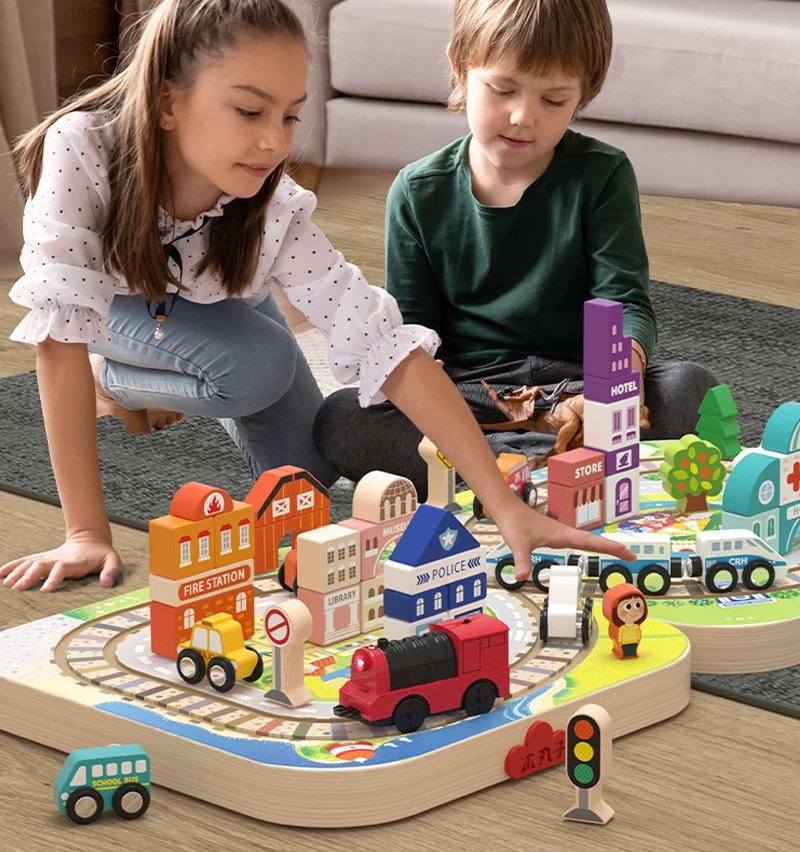 Wooden Block Rail Car Urban Theme Assembly Toy Set, Magnetic Electric Locomotive, Children's Diy Puzzle Toy,XT173