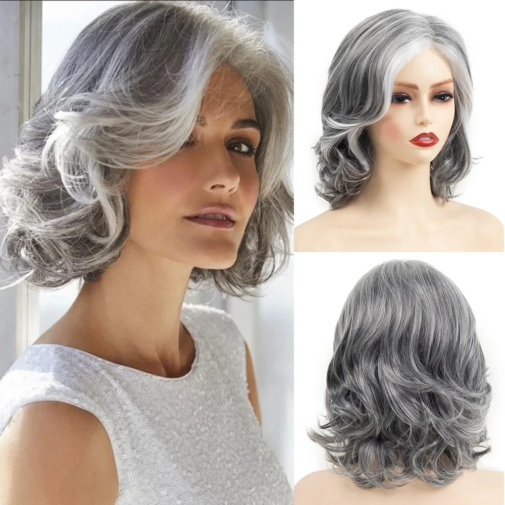 grey white short wavy synthetic hair wig for women with bangs layered wavy party wigs