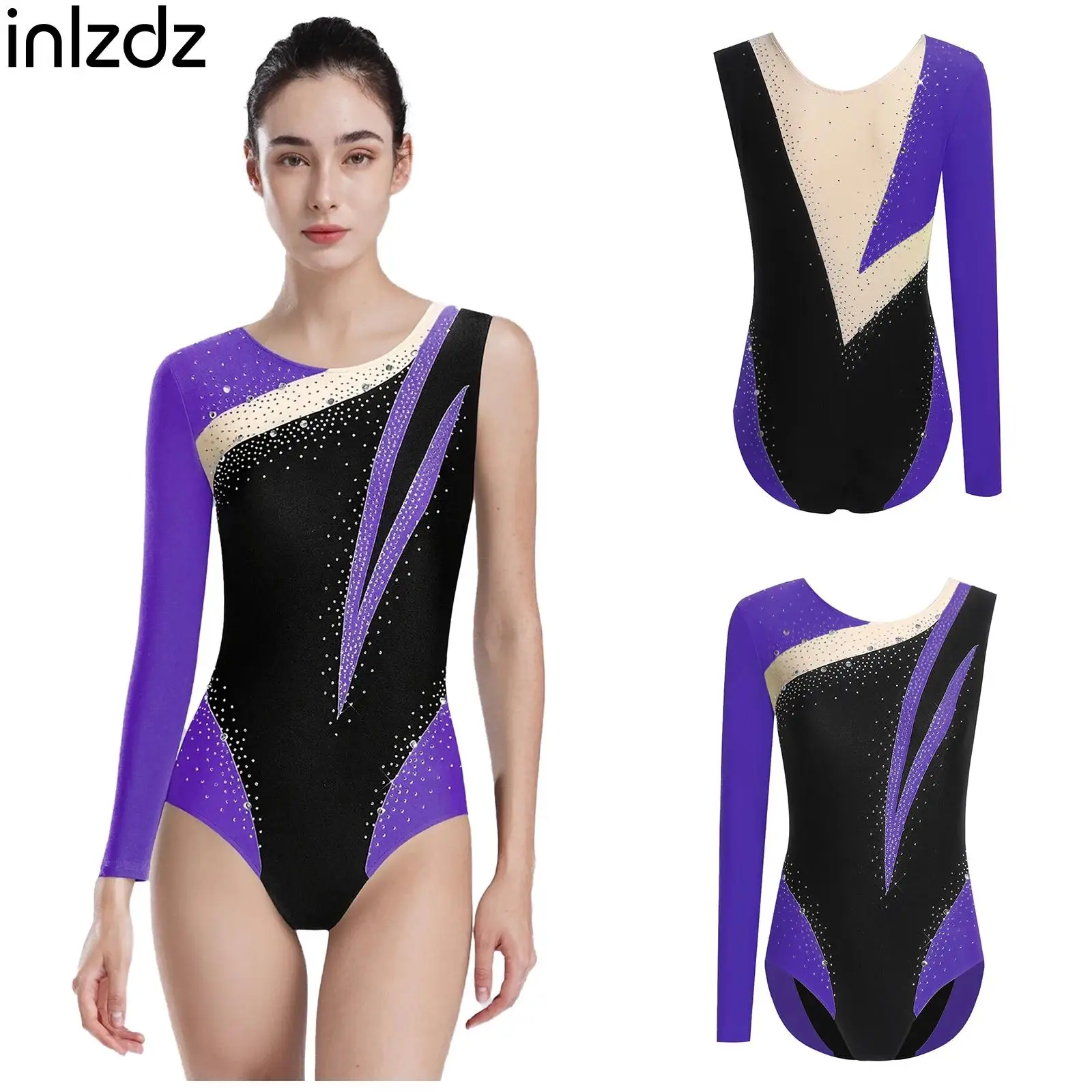 Womens Athletic Figure Skating Gymnastics Dance Leotard Asymmetrical Color Block Bodysuit Ballet Jersey Performance Costume
