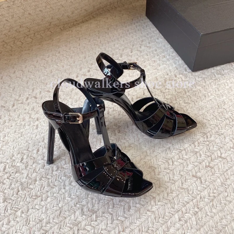 Fashion Cross Woven Strap Design Peep Toe Sandals Sexy Side Hollow Ankle Strap Buckle Stiletto Sandals Glitter Party Dress Shoes