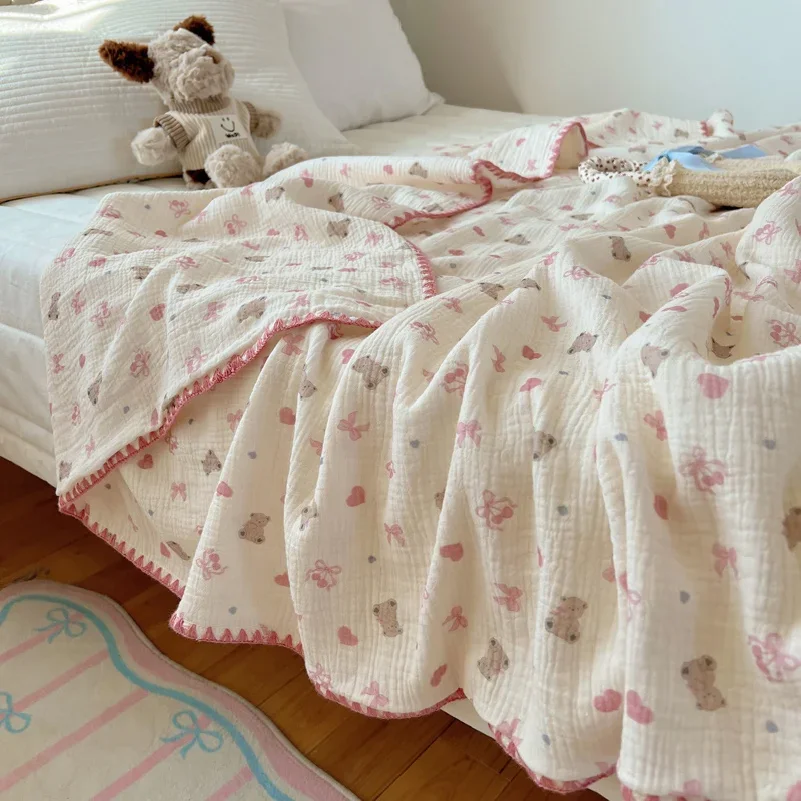

100% Cotton Blanket INS Style Pure Cotton Crepe Yarn Summer Blanket Single/Queen/King Size Cartoon Quilt for Kids Soft Plaids