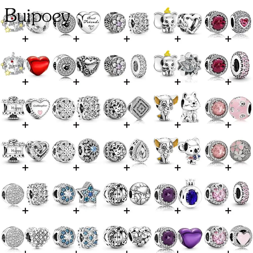 Buipoey 2pcs/lot Rhinestone Water Drops Heart Beads Blue Star Charm Silver Color Animal pink Crystal Beaded Fit DIY Accessory