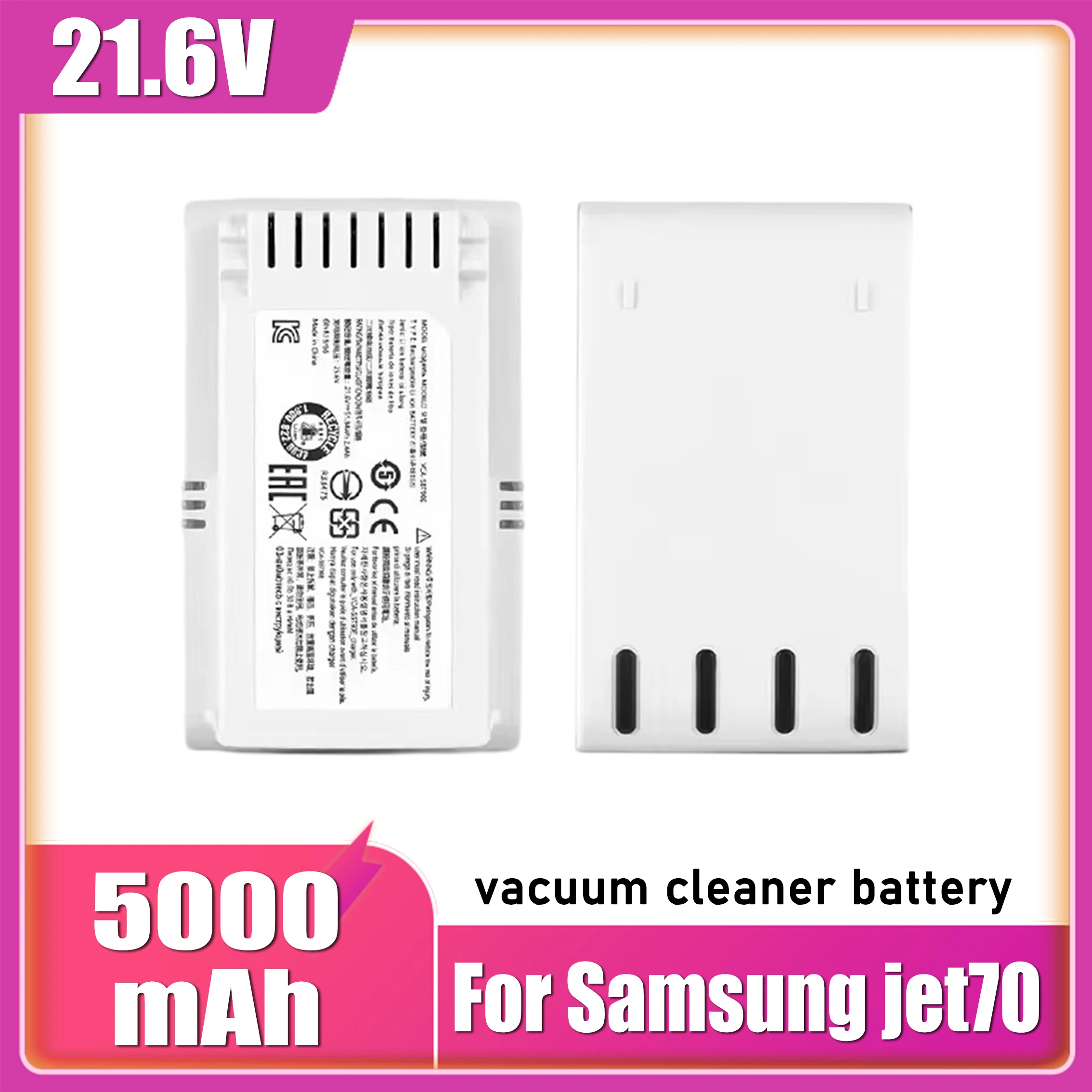 21.6 V 5000mAh, for Samsung jet 70 VS15T7032P4 VCA-SBT90E vacuum cleaner battery replacement, spare battery