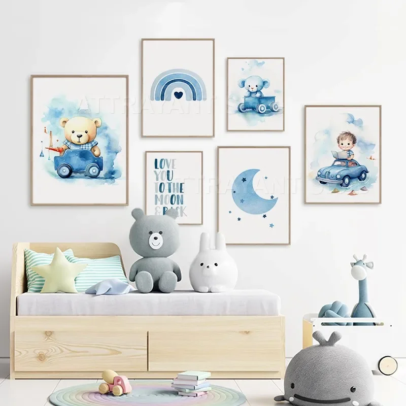 Cute Bear Blue Car Rainbow Sun Moon Nursery Wall Art Canvas Painting Poster And Prints Pictures Baby Kids Room Boy Bedroom Decor