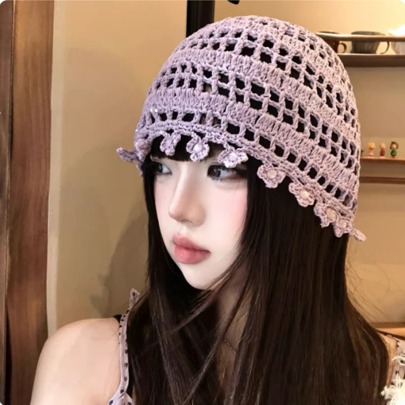 

Корейская вязаная крючком шапка-бини с вырезами, весенне-летняя, в богемном стиле, с пайетками, для путешествий, для женщин