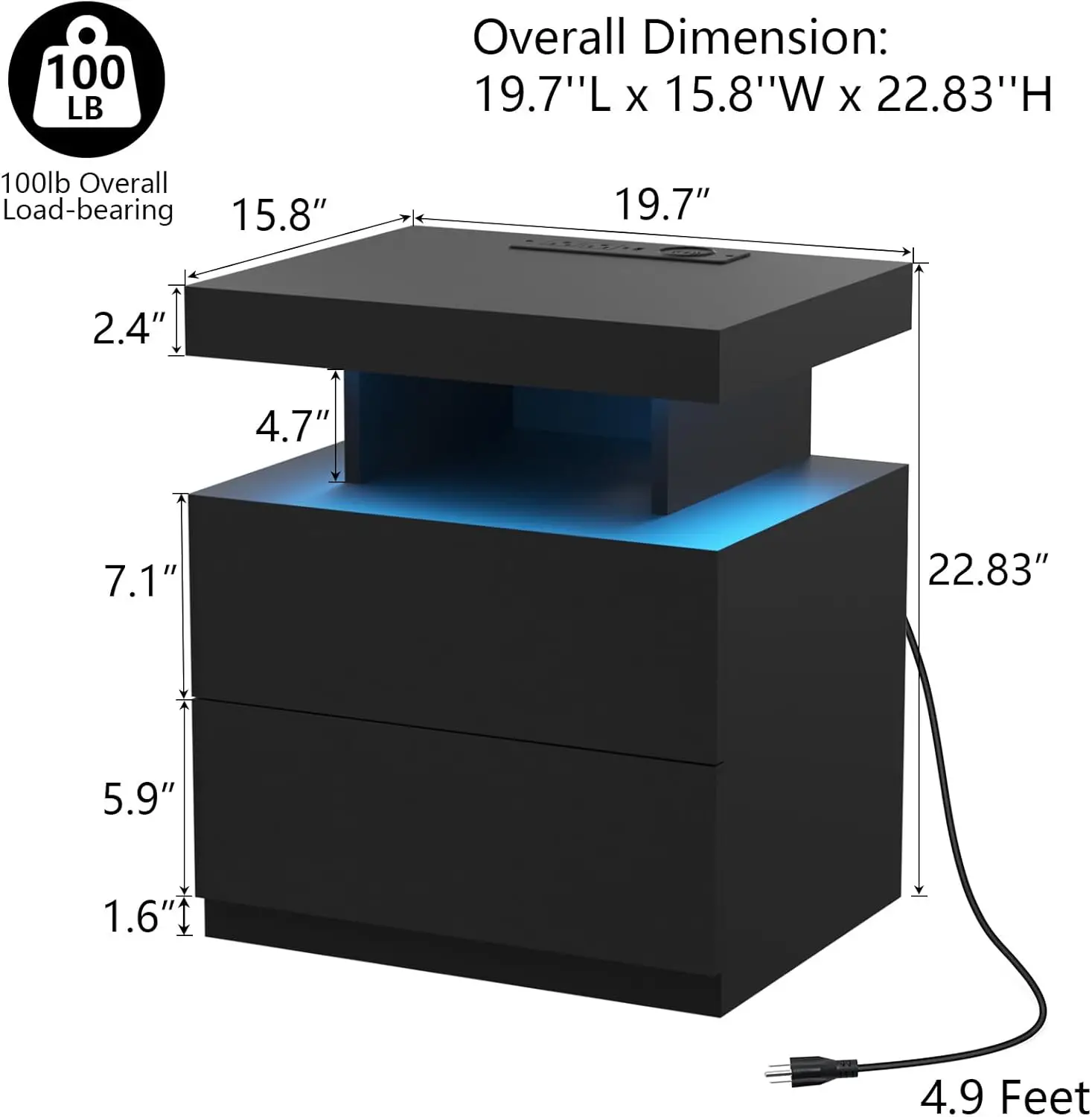 Black LED Nightstand with Charging Station 2 Outlets USB Port Type C, Bed Side Table with 2 Drawers & Wireless Charging Station,