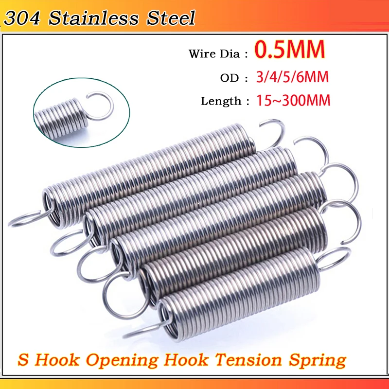 304 Stainless Steel S-shaped Open Hook Tension Spring  Pullback Extension Expansion Spring Wire Dia 0.5MM OD 3~6MM L: 15~300MM
