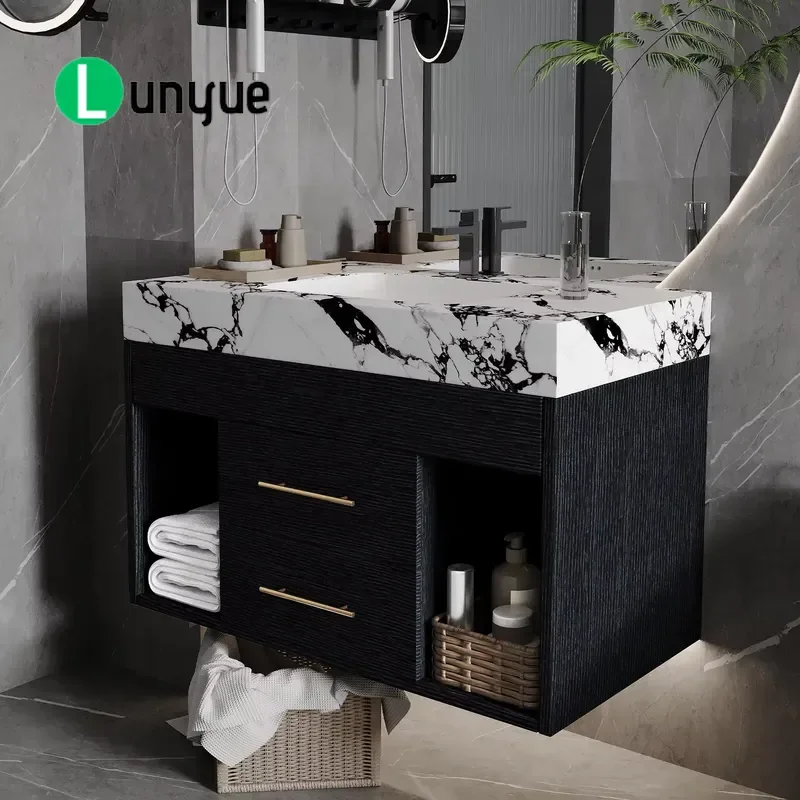 Modern Floating Plywood Bathroom Cabinet with Ceramic Washbasin Combo Wall Mounted Vanity Unit Space Saving Storage for Home