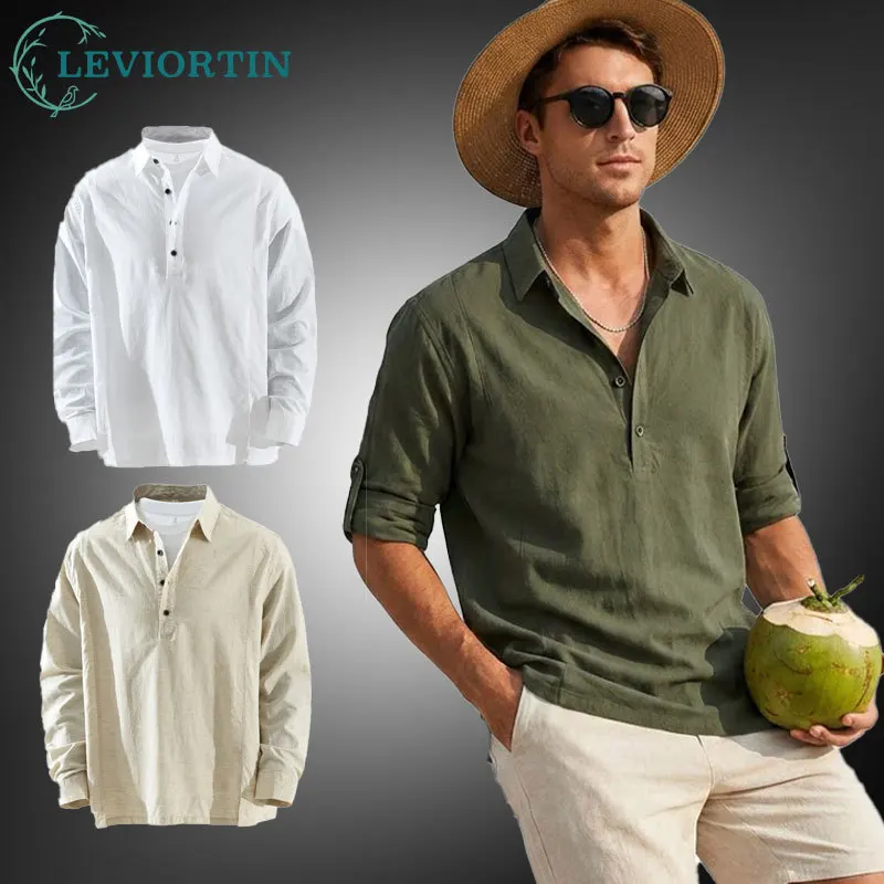 

Men's Cotton Linen Half Placket Shirt Long Sleeve Vacation Style Loose Fit Breathable Casual Button Down Blouses Tops Beach Wear