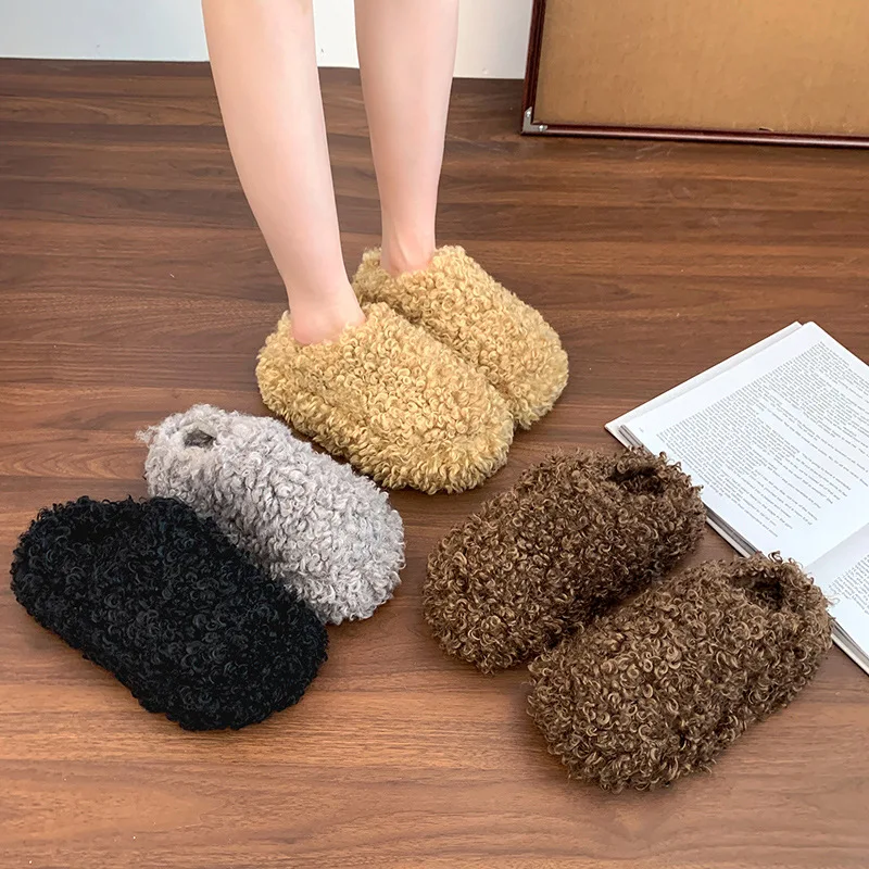 

Women's Outdoor Anti-Slip Fleece Slippers New Autumn/Winter Collection Warmth-Retaining Height-Boosting Cotton Slippers