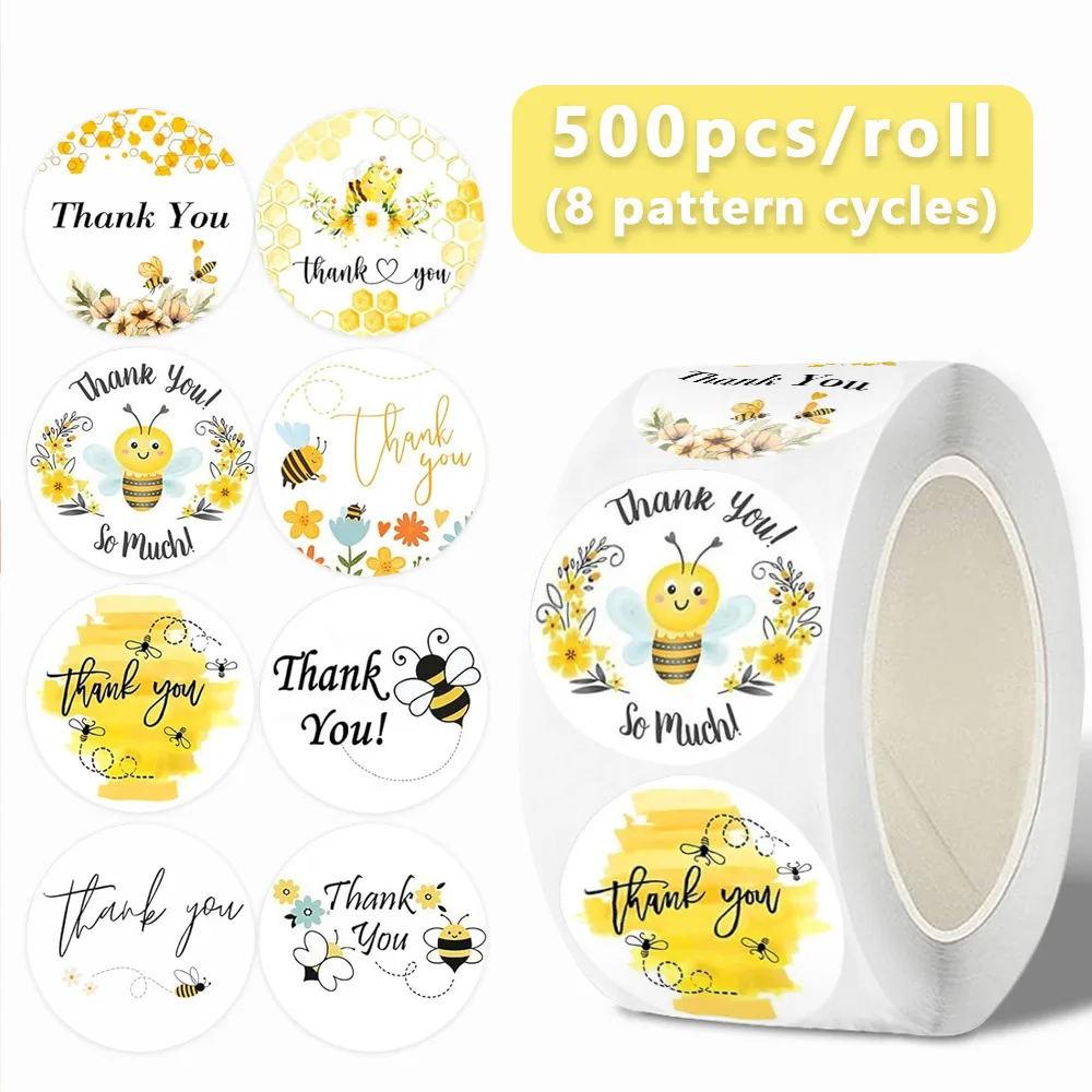 100-1000Pcs Cute Bee Thank You Stickers Roll, 8 Designs Round Floral Honeybee Sealing Stickers for Gift Package Small Shop
