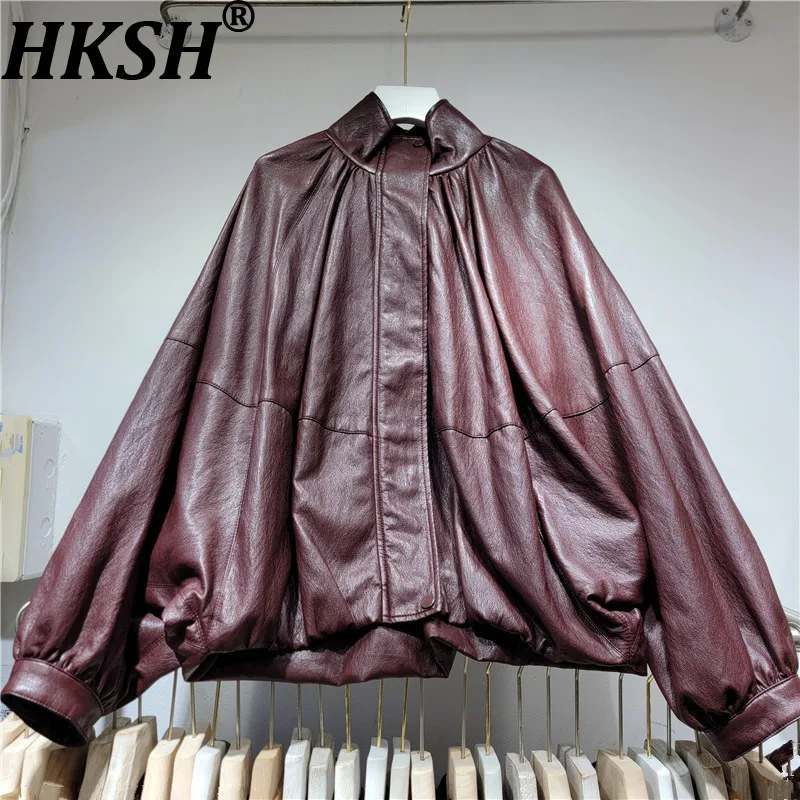 HKSH Women PU Leather Jacket American Style Vintage Stand Collar Patchwork Pleated Loose Batwing Sleeves Moto Biker Coat HK26747