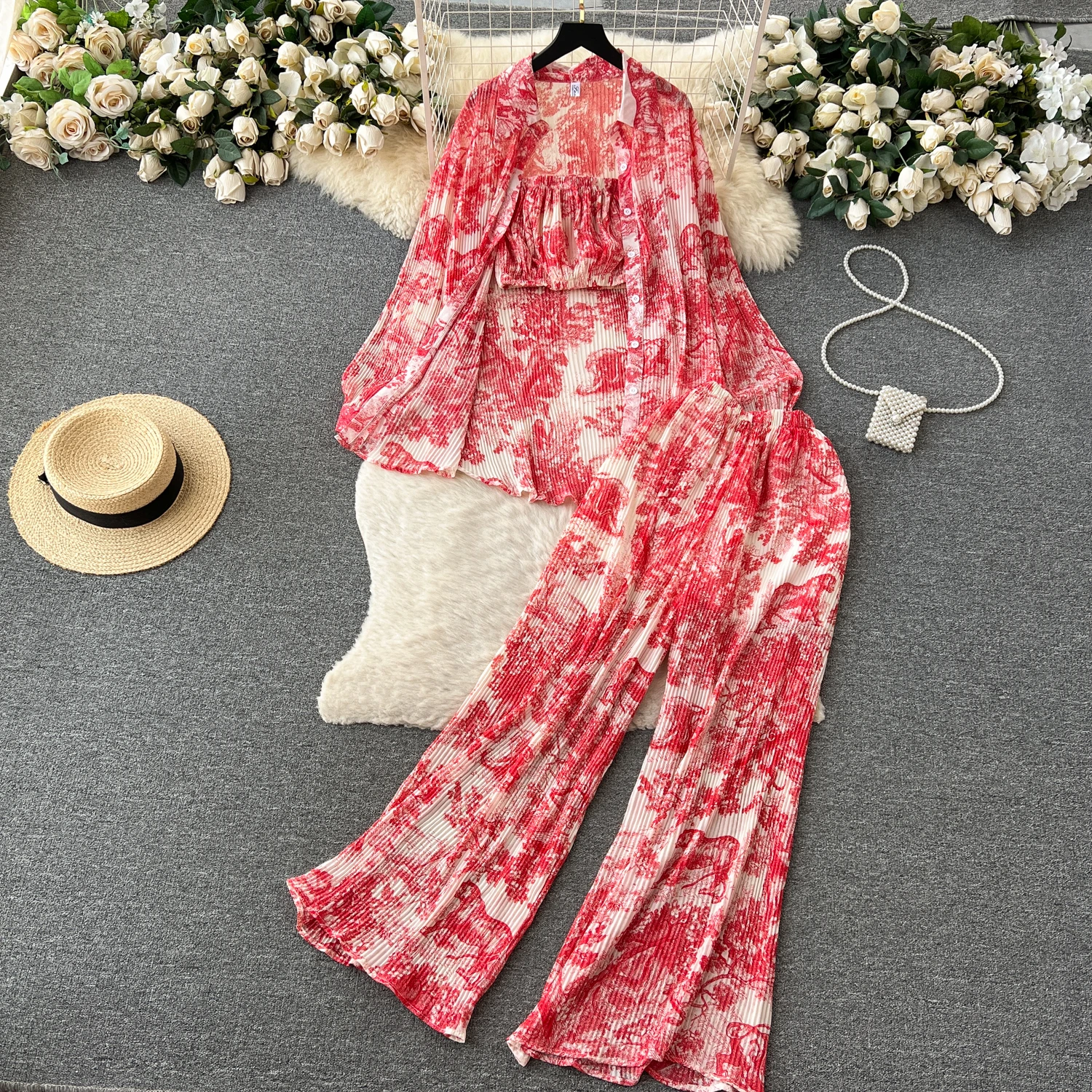 Clothland Chic Print Loose Three Piece Set Oversized Long Sleeve Shirt Strapless Top Wide Leg Trousers Summer Retro Suit TA093