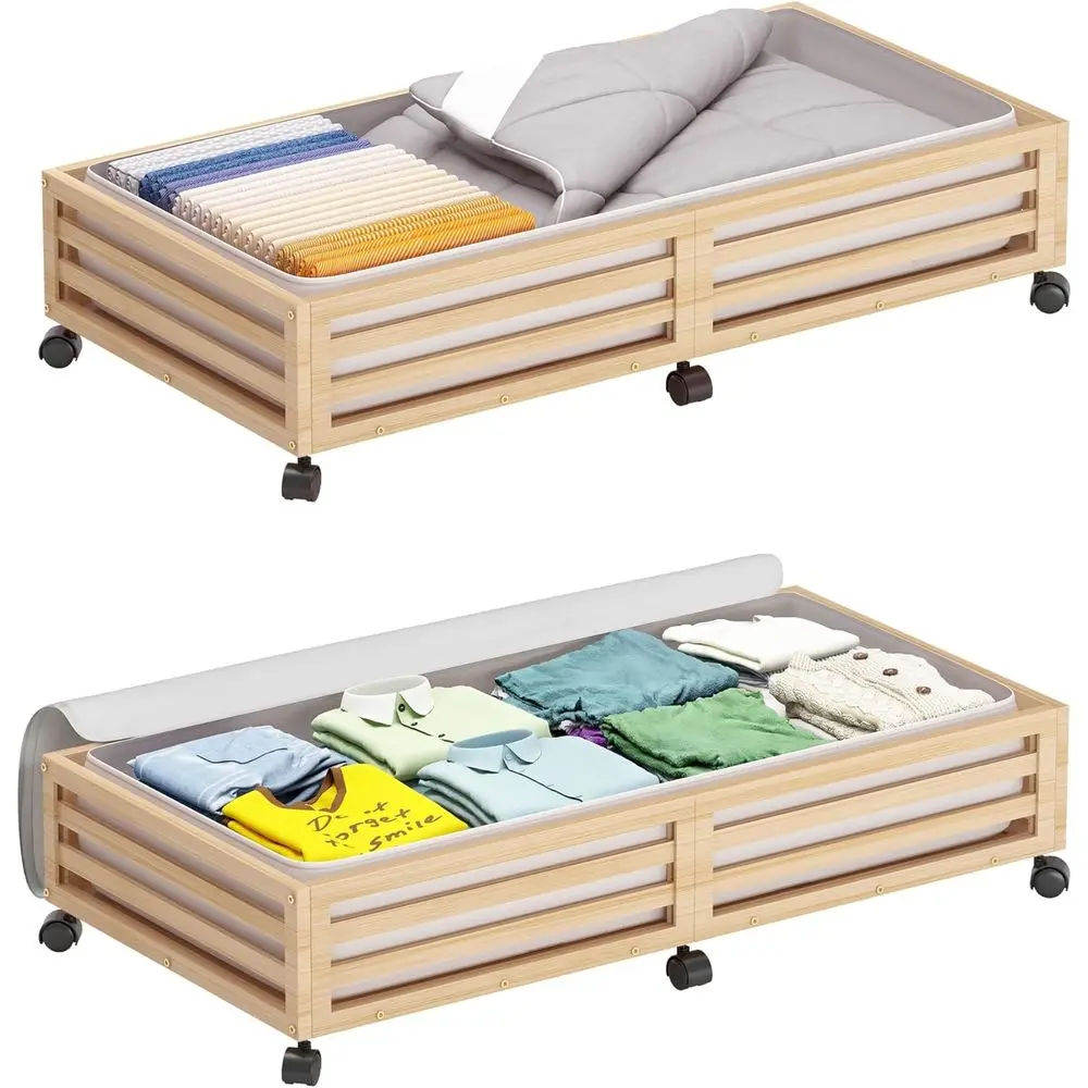 

Rolling Underbed Storage Containers with Wheels and Dust Cover, 2-Pack Wooden Shoe Organizers (Nature, 33.07×16.54)