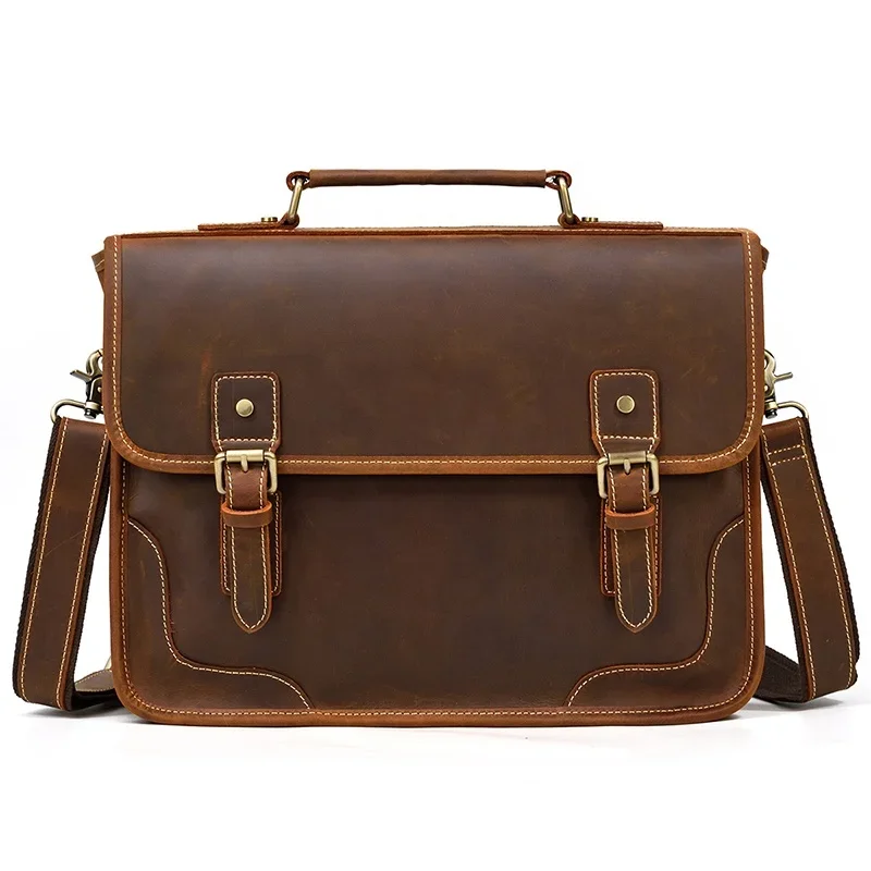 

Men Crazy Horse Leather Business Bag Vintage Cowhide Business Bag 14 Inch Laptop Computer and Tablet Shoulder Bag