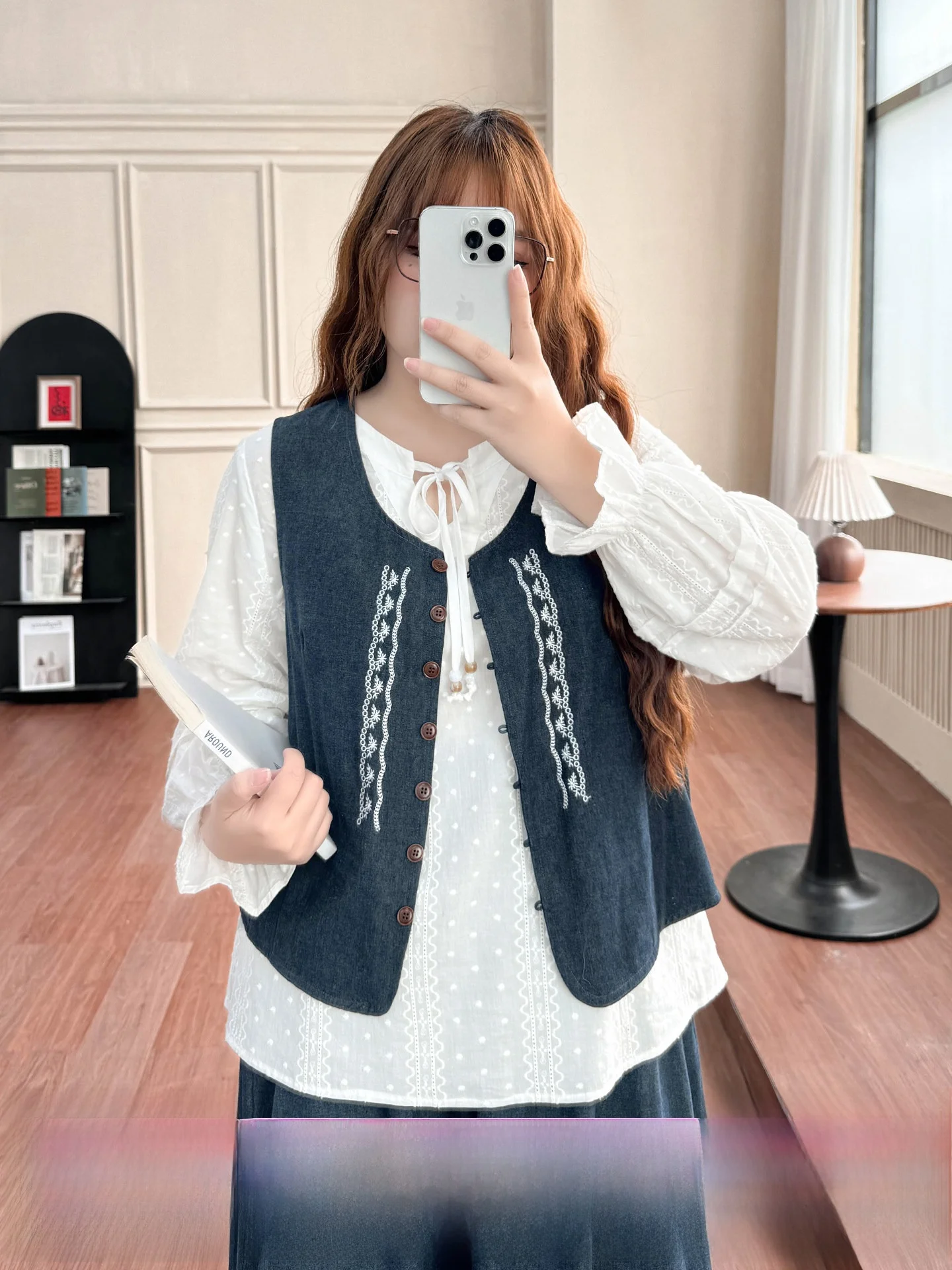 Retro Artistic plus Size Women's Faion Set 2026 Spring Embroidered Vest Long Sve irt f Skirt Korean Sle Loose Fit