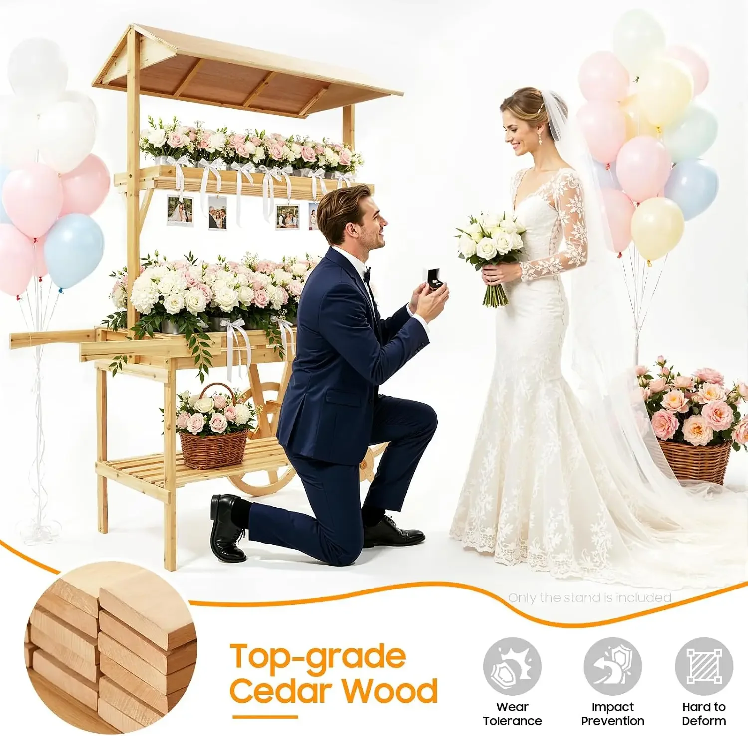 Candy Cart Display Stand, Flower Stand with Wheels, Large Country Market Wooden Rolling Table Carts for