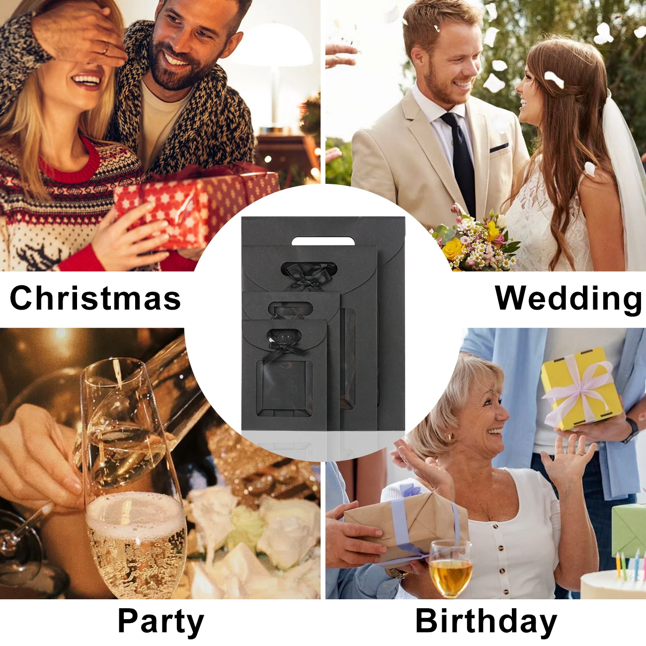 6/12 Stück Kraftpapiertüten mit Fenster, wiederverwendbare Geschenktüten für Frauen, Verpackung für Süßigkeiten und Kekse, Hochzeit, Weihnachten, Party – Detail 3
