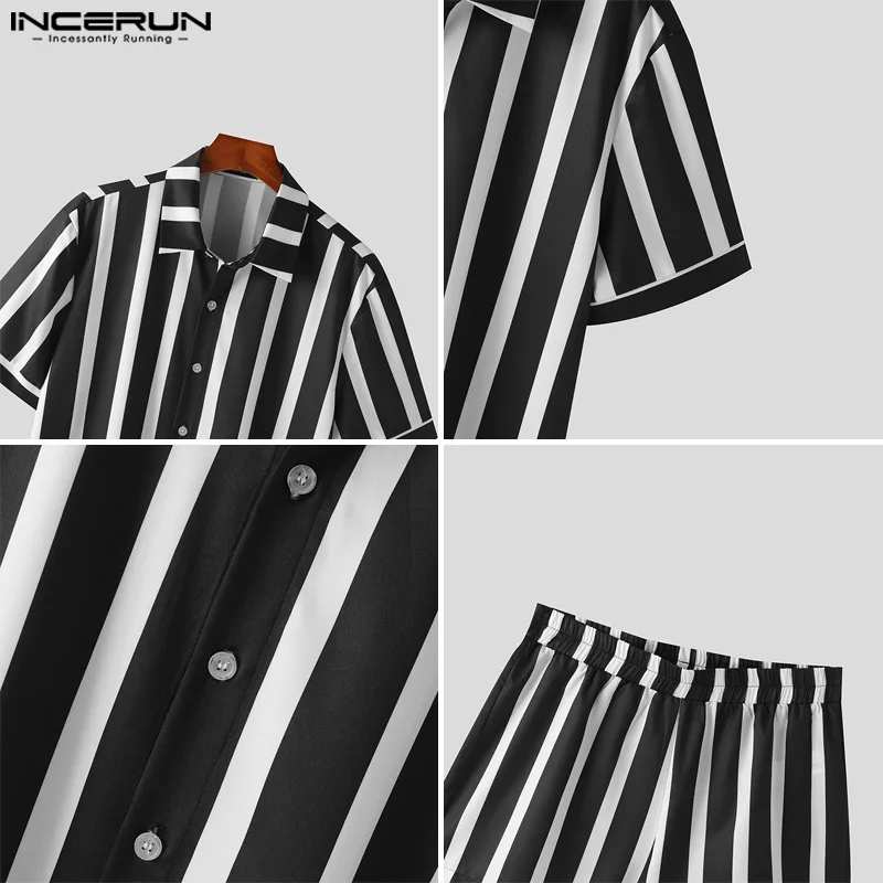 INCERUN 2024 American Style Sets Men\'s Personality Striped Short Sleeved Shirts Shorts Casual Stylish Male Two-piece Sets S-5XL