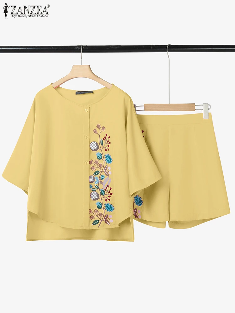 

2025 ZANZEA Summer Short Sets Women Two Pieces Sets Casual 2PCS Holiday Outfits Short Sleeve Blouses Trousers Printed Tracksuits
