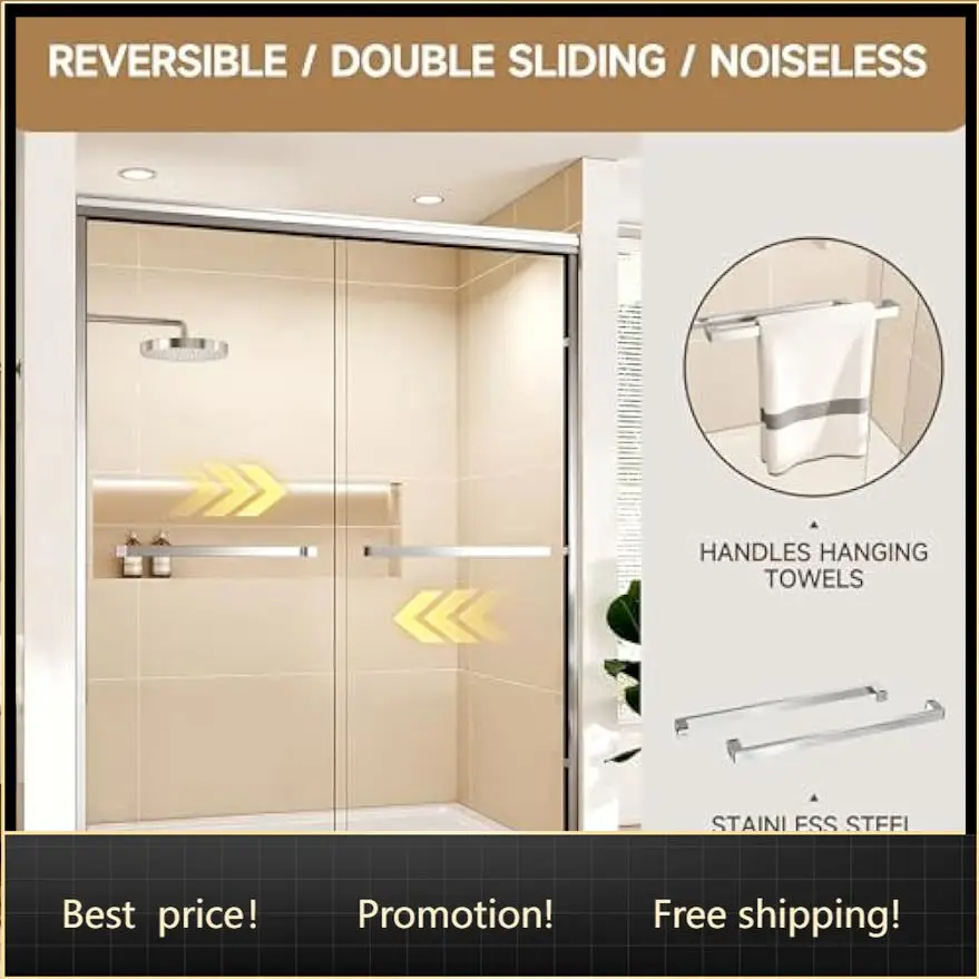 Sliding Semi Frameless Shower Door Chrome Aluminum Tempered Glass Double 50 54 Inch Width 76 Inch Height