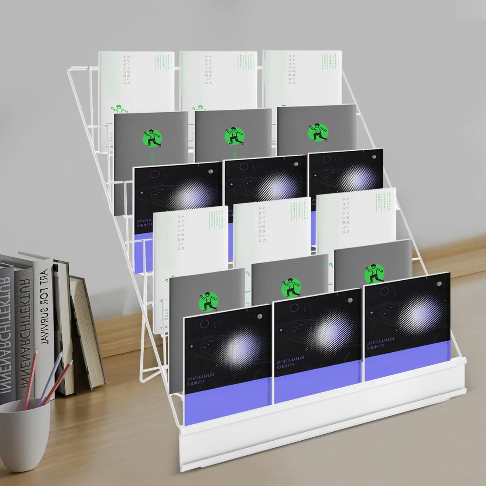 رف مجلات سلكي معدني، حامل عرض كتب على سطح الطاولة مكون من 6 طبقات، حامل عرض تجاري قابل للطي للقصص الهزلي، بطاقات المعايدة، Li