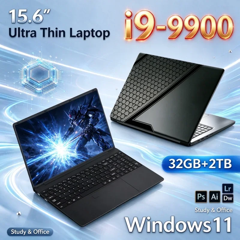 15.6" Ultra Thin Lightweight Laptop PC Intel I9-9900 Windows 11 32GB RAM 1TB/2TB SSD Portable Notebook for Student Office Gaming