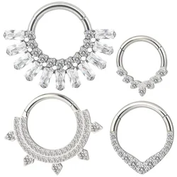 ASTM F136 Titanium EAR PIERC Fan-shaped and side CZ Ring Hoop Nose Rings Hinged Clicker Earring Labret Tragus Ring Body Piercing