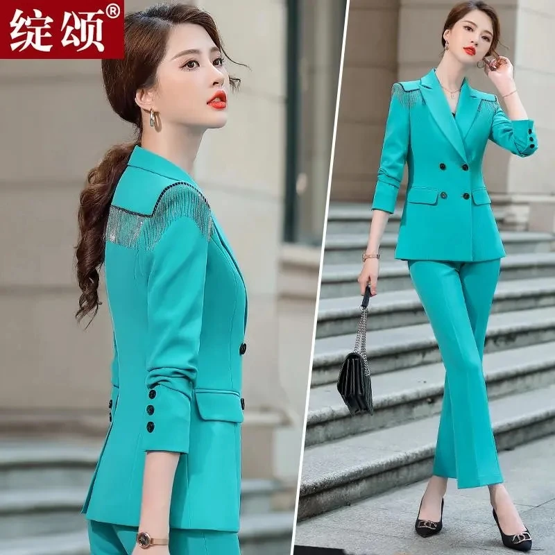 High Quality White Tassel Blazer Jacket Female Straight Pants Sets Temperament Lady Fashion Streetwear Suits Women Elegant