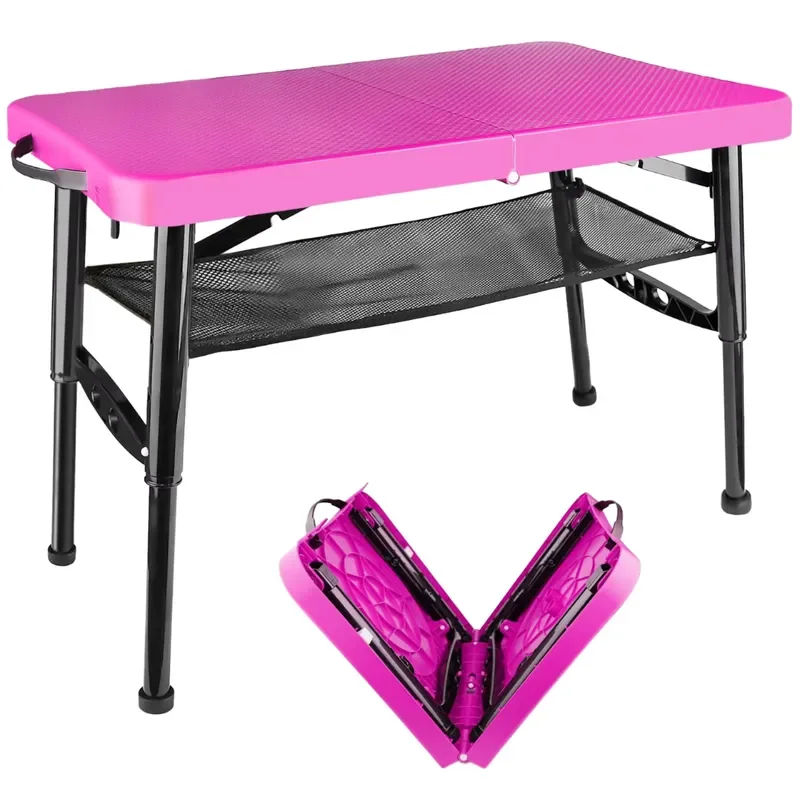 Portable Folding Table with Storage Rack Adjustable Plastic Frame for Outdoor Picnic Camping Garden Lightweight Compact