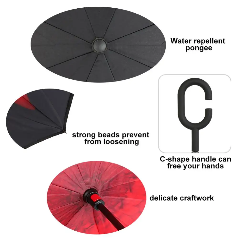 Portable Umbrella C-Handle Double Layer Umbrella Long Shank Windproof Folding Inverted Upside Down Reverse For Cars Rain Gear