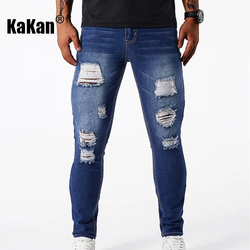 

Kakan-y2k New Men's Perforated Small Leg Jeans, Motoryclist Boots Elastic Slim Fit Long Jeans , Jeans Man Brand