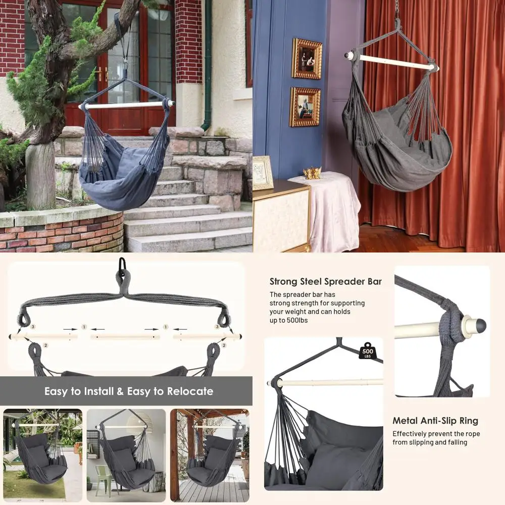 

Серые качели-гамак с 2 подушками, до 500 фунтов, стальной стержень, для использования в помещении и на открытом воздухе