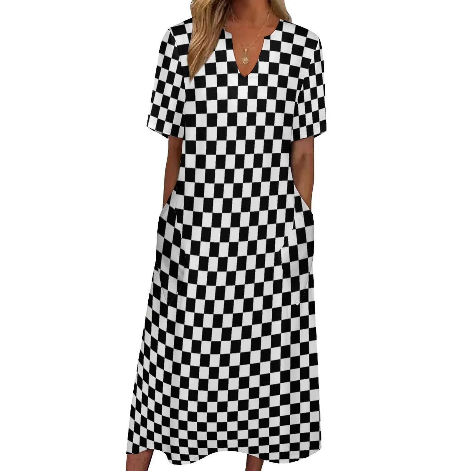 

Black And White Check Print Dress Checkerboard Style Cute Maxi Dress Bohemia Long Dresses Summer Short Sleeve Graphic Vestidos